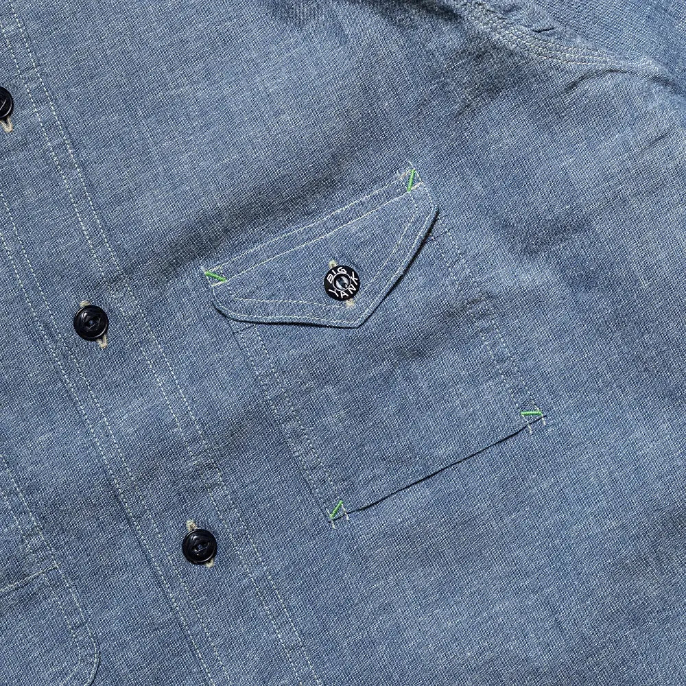 Pocket detail of the Big Yank 1935 Original Chambray Shirt Indigo highlighting pocket shape, stitching precision, and classic Big Yank workwear detailing for Clothier & Sons.