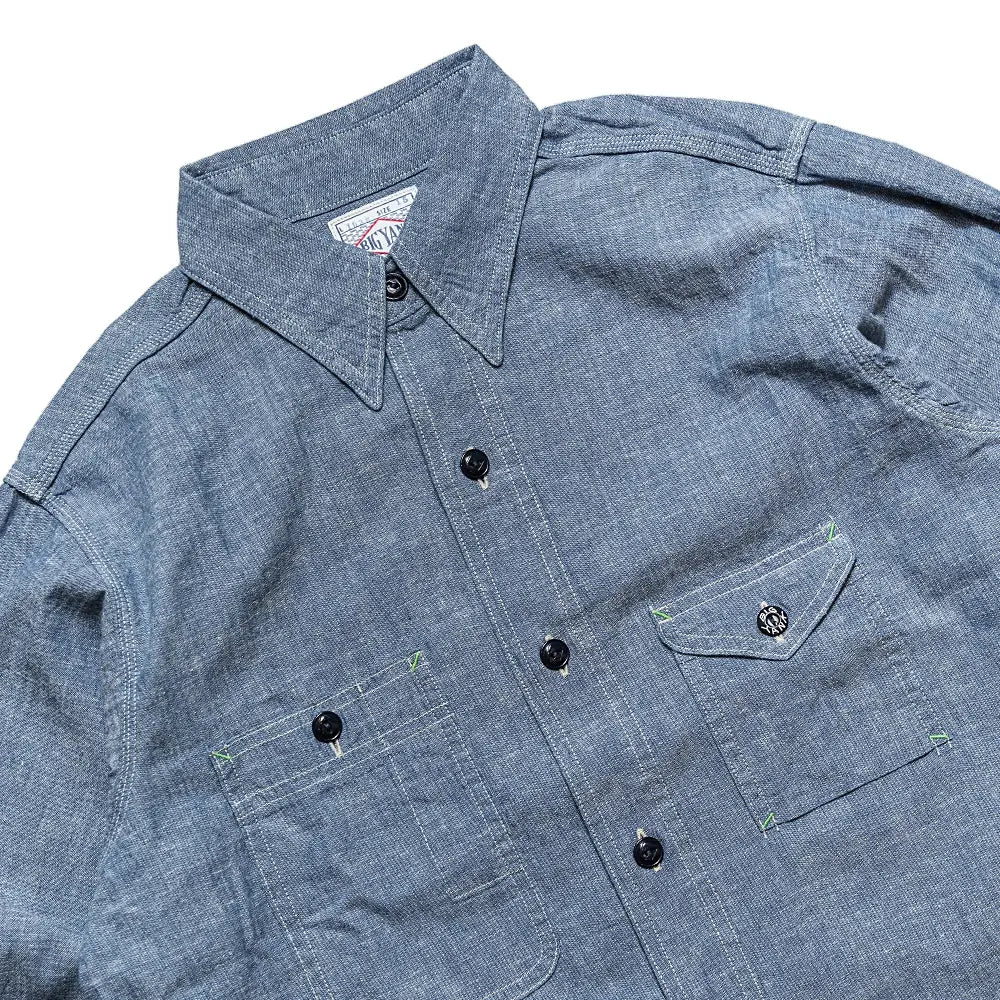 Side view of the Big Yank 1935 Original Chambray Shirt Indigo showing sleeve shape, shirt length, and traditional workwear profile for Clothier & Sons.