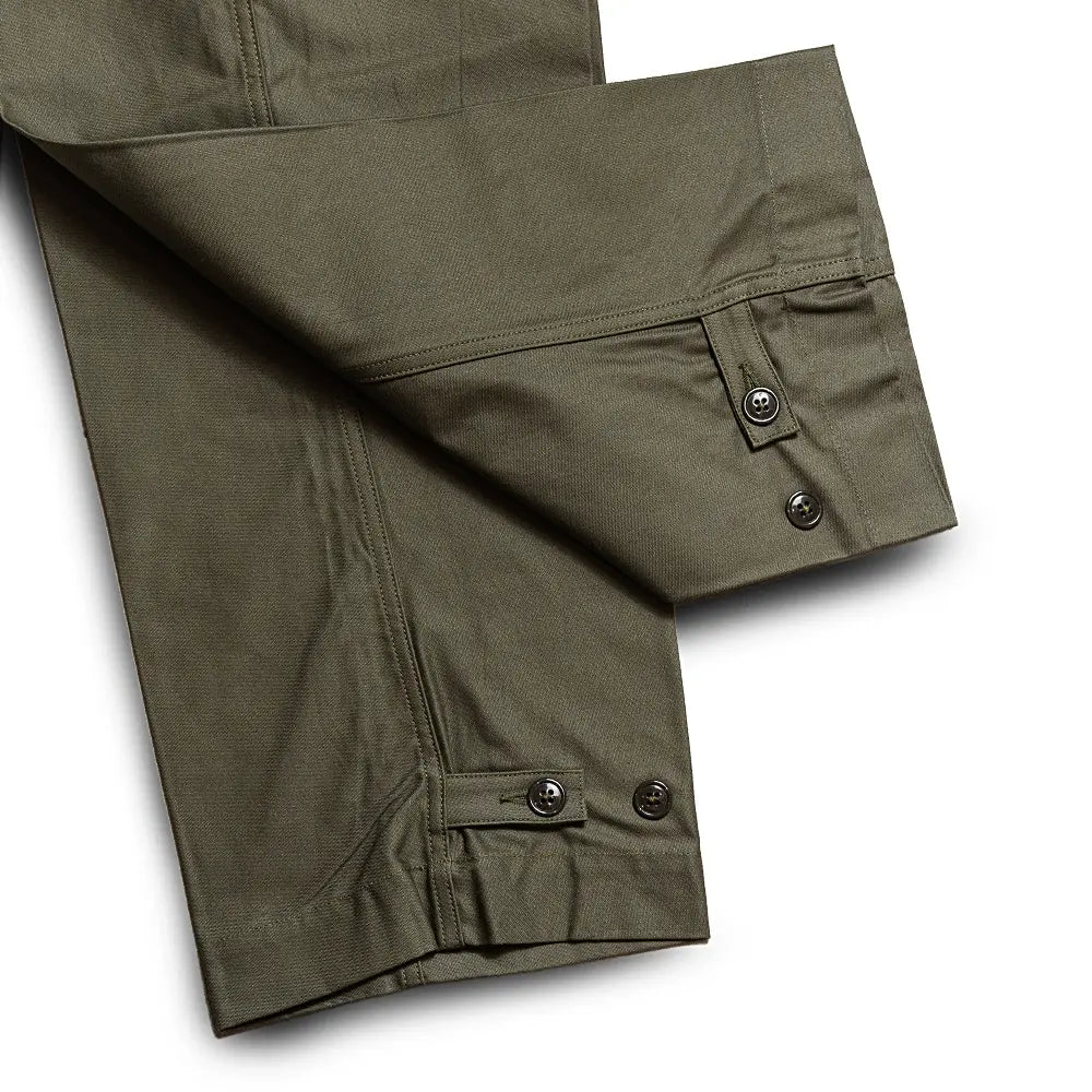 Fabric detail of the Big Yank M1945 Sateen Trousers Olive revealing cotton sateen texture, smooth surface, and rich olive tone for Clothier & Sons.