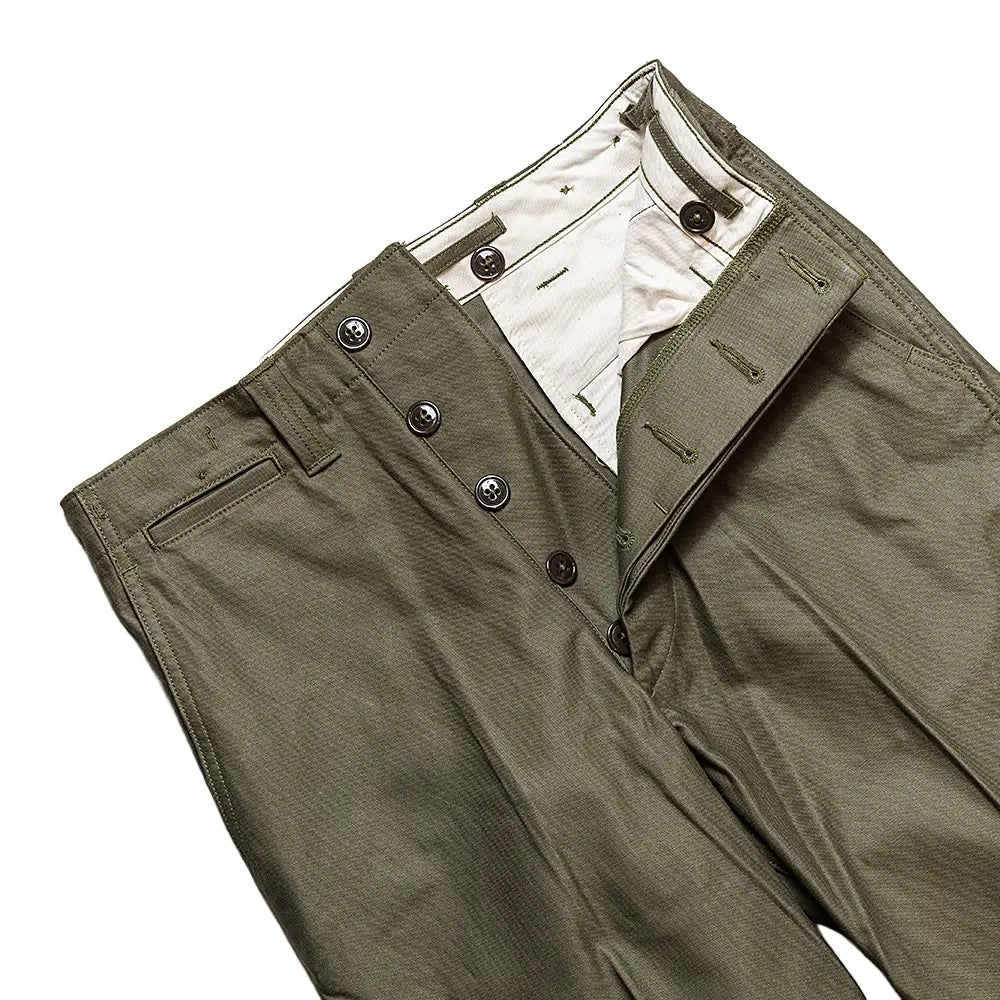 Side view of the Big Yank M1945 Sateen Trousers Olive showing leg line, rise, and authentic utility trouser profile for Clothier & Sons.