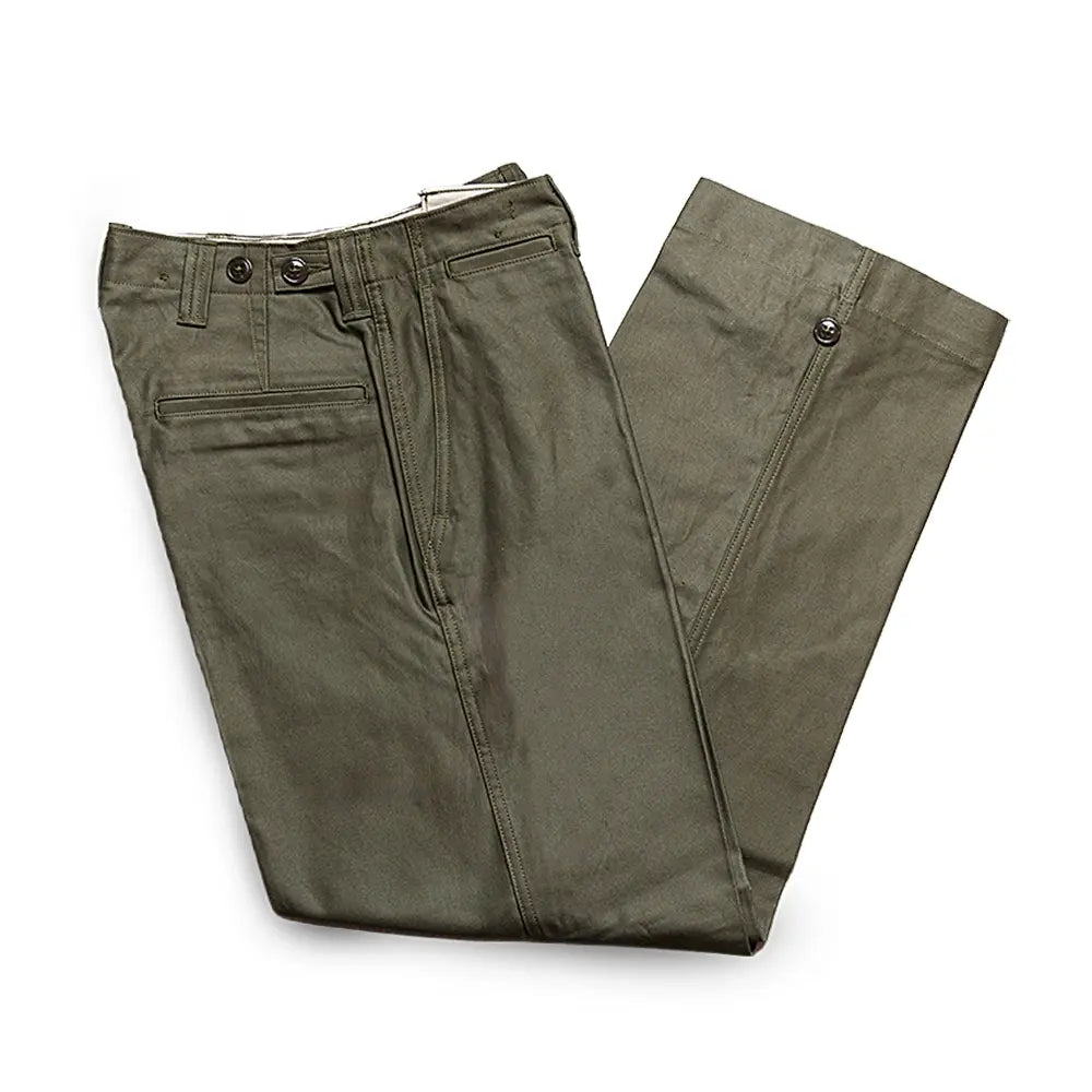 Waistband detail of the Big Yank M1945 Sateen Trousers Olive showing waistband construction, belt loops, and reinforced stitching for Clothier & Sons.