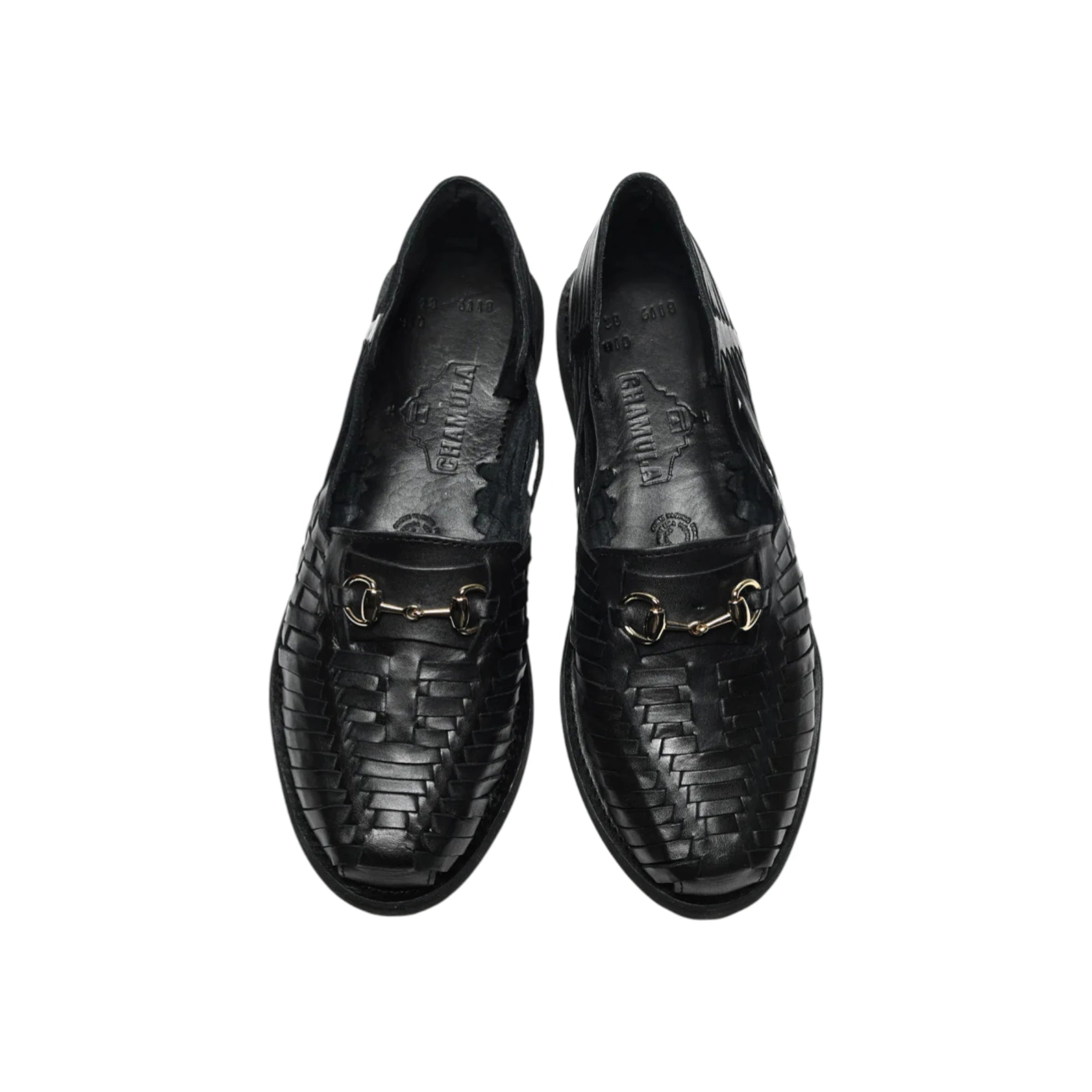 Top view of the Chamula Bocado Black showing the woven leather pattern, metal horsebit hardware, and almond toe shape for Clothier & Sons.