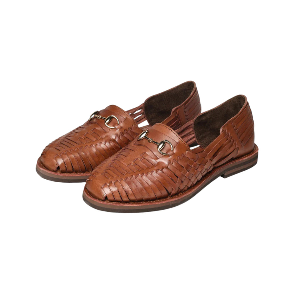Front three-quarter view of the Chamula Bocado Brown showing the woven leather upper, horsebit detail, and slip-on loafer silhouette for Clothier & Sons.