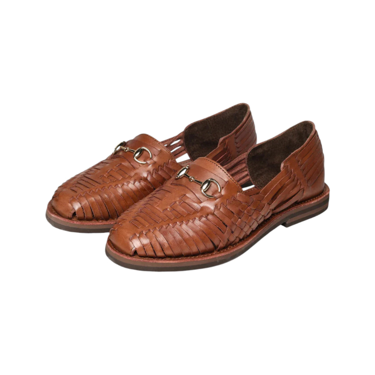 Front three-quarter view of the Chamula Bocado Brown showing the woven leather upper, horsebit detail, and slip-on loafer silhouette for Clothier & Sons.