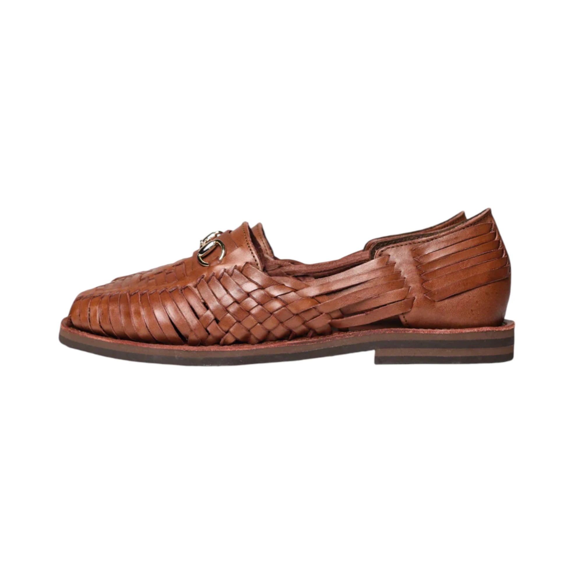 Top view of the Chamula Bocado Brown showing the woven leather pattern, metal horsebit hardware, and almond toe shape for Clothier & Sons.