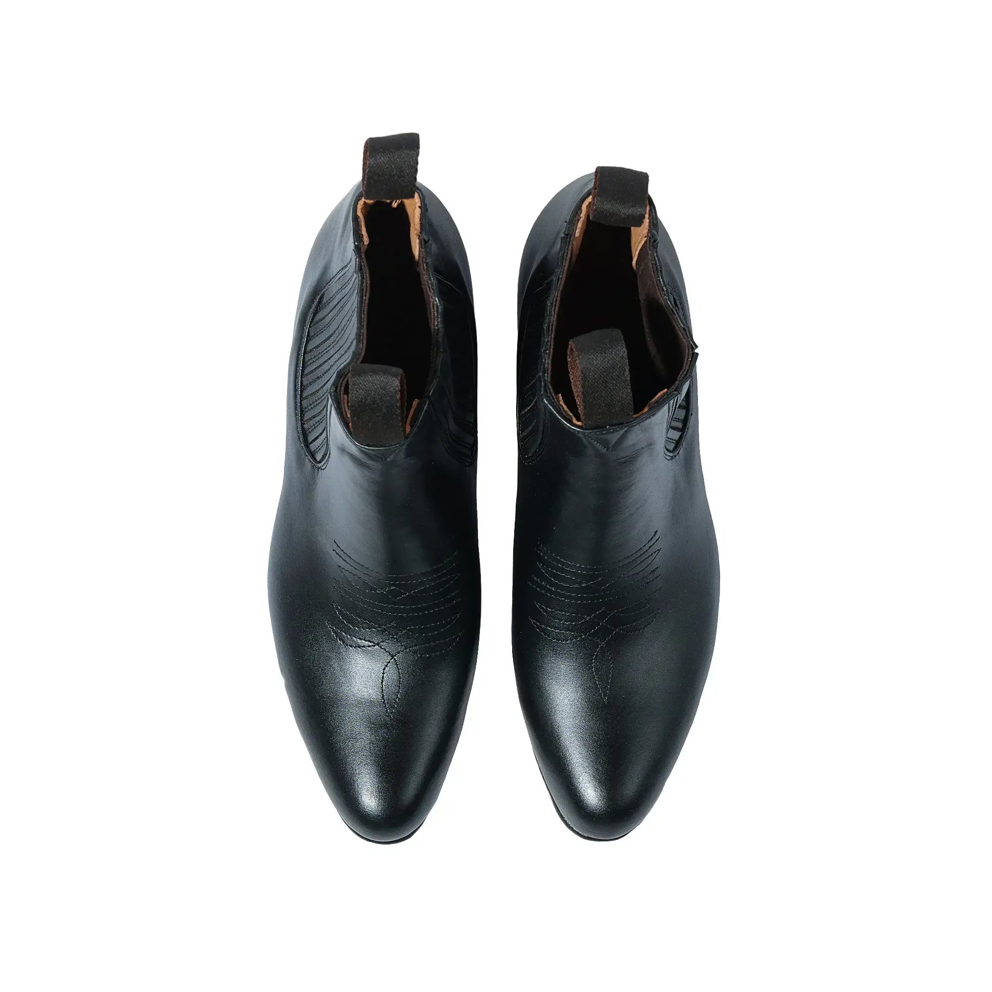 Top view of the Chamula Botin Charro Leather Black showing almond toe shape, pull tabs, and clean upper construction for Clothier & Sons.