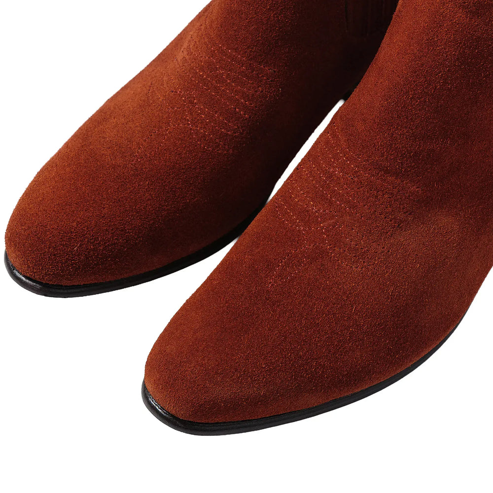 Close-up suede detail of the Chamula Botin Charro Suede Ante Tabaco highlighting soft nap texture and rich brown tone for Clothier & Sons.
