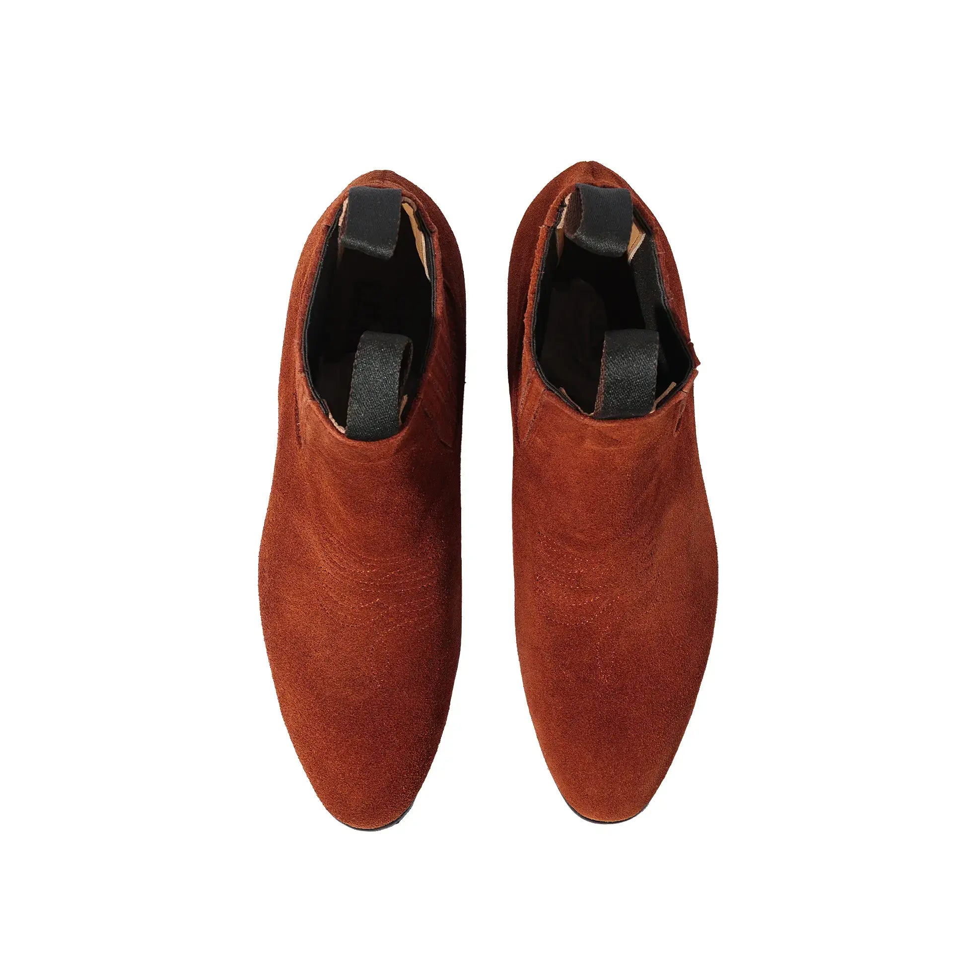 Top view of the Chamula Botin Charro Suede Ante Tabaco showing almond toe shape, pull tabs, and clean upper construction for Clothier & Sons.
