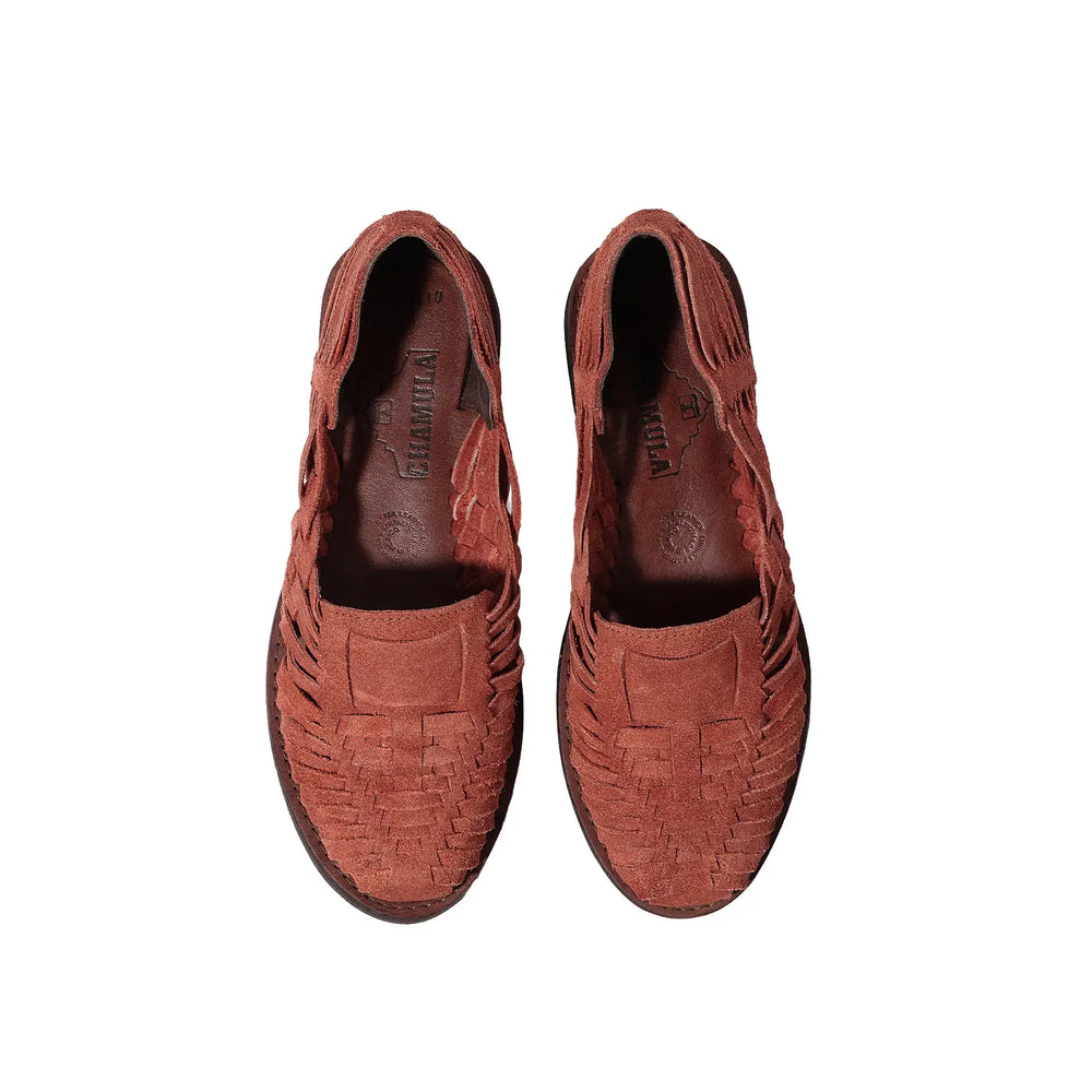 Close-up suede detail of the Chamula Brasilia Brown Suede highlighting soft nap texture and warm brown coloration for Clothier & Sons.