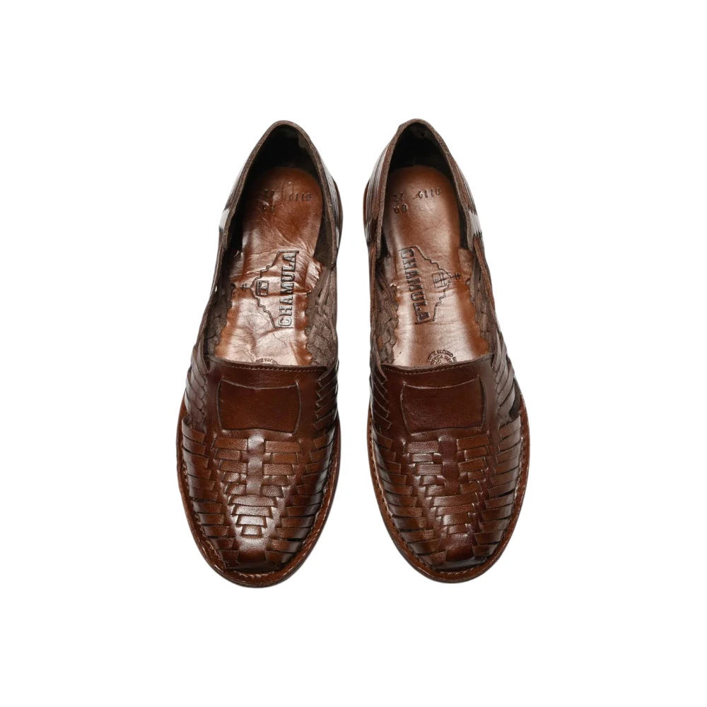 Top view of the Chamula Brasilia Brown2 showing the clean vamp design, hand stitching, and relaxed moccasin profile for Clothier & Sons.