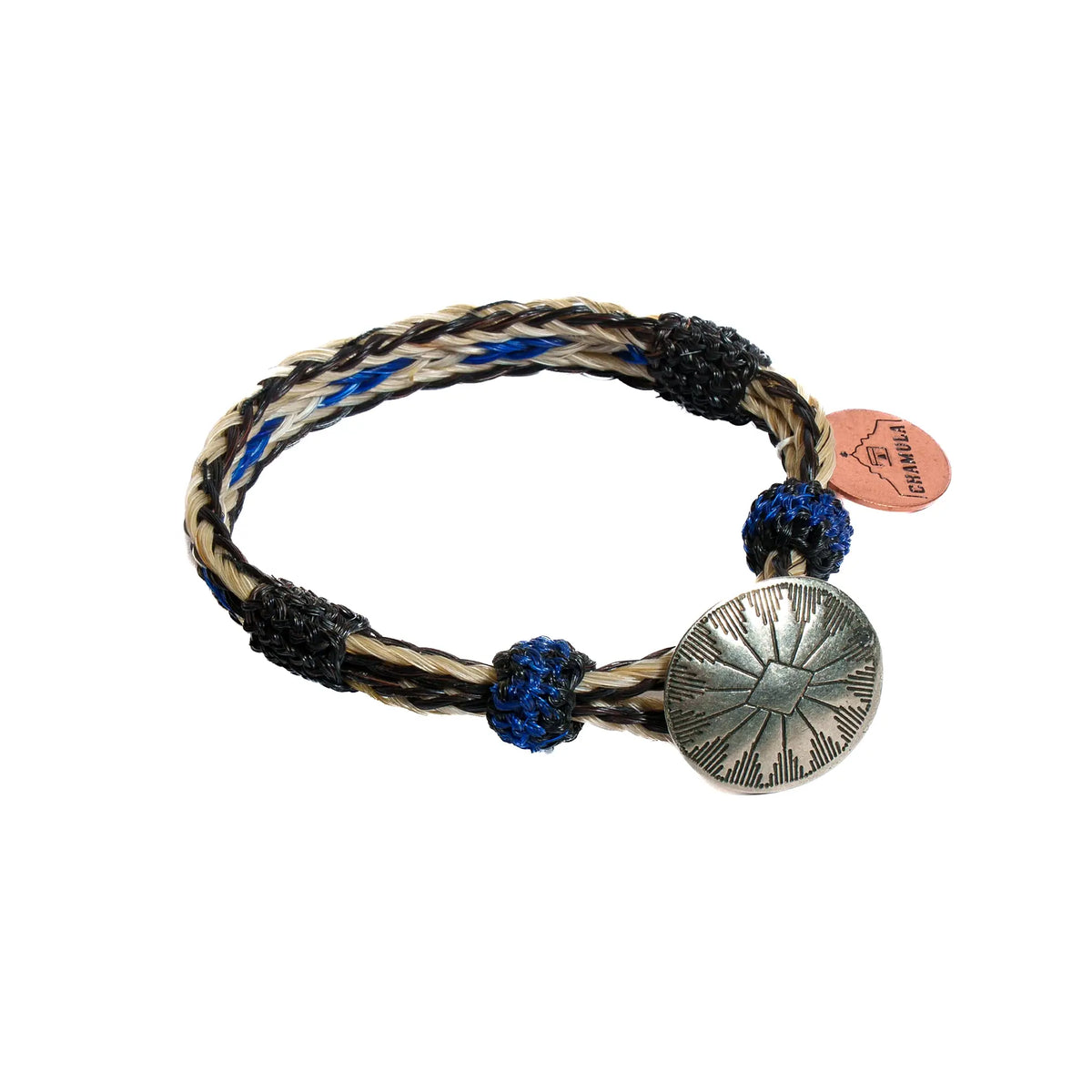 Front view of the Chamula Concho Bracelet #05-101 Blk x Navy/White showing the woven leather strap in black, navy, and white tones with a concho centerpiece for Clothier & Sons.