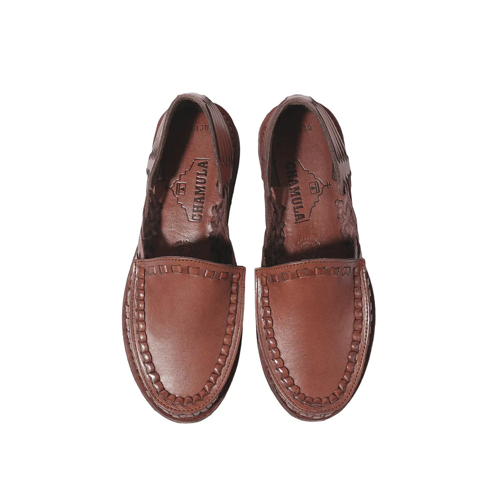 Side profile of the Chamula Durango Brown showing ankle height proportion, stacked heel, and refined handcrafted silhouette for Clothier & Sons.