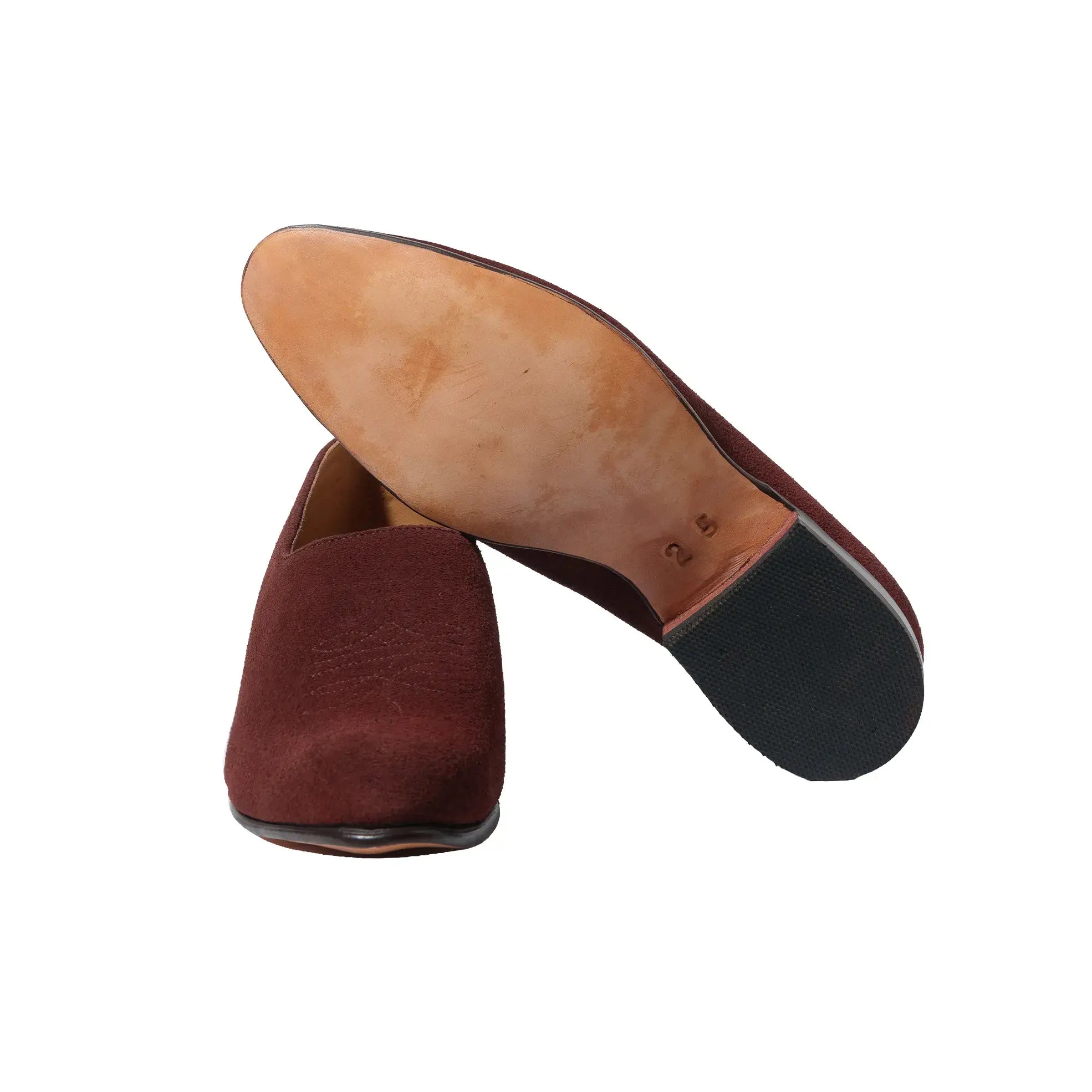 Side profile of the Chamula Saarinen Suede Ante Tobacco showing ankle height proportion, stacked heel, and refined silhouette for Clothier & Sons.
