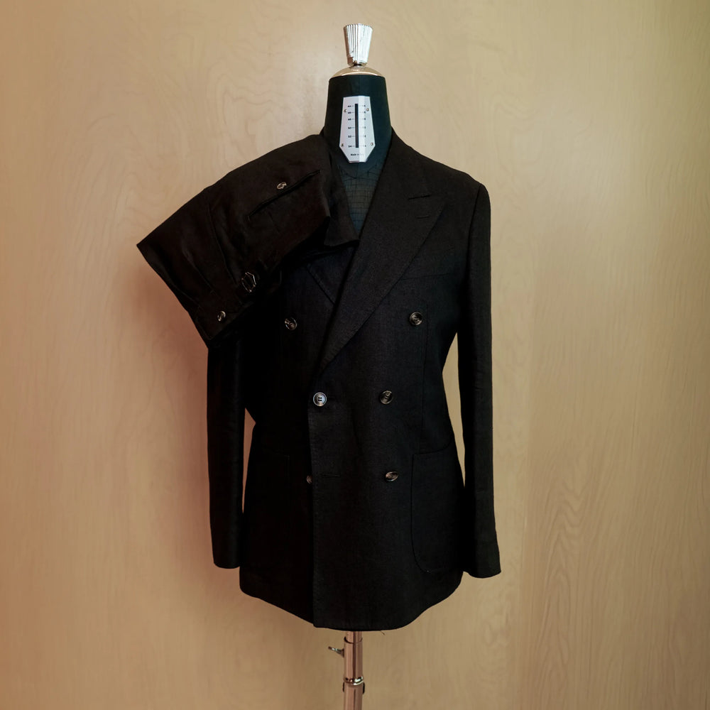Drop6 Herringbone Linen Double Breasted Suit Black Full Suit View