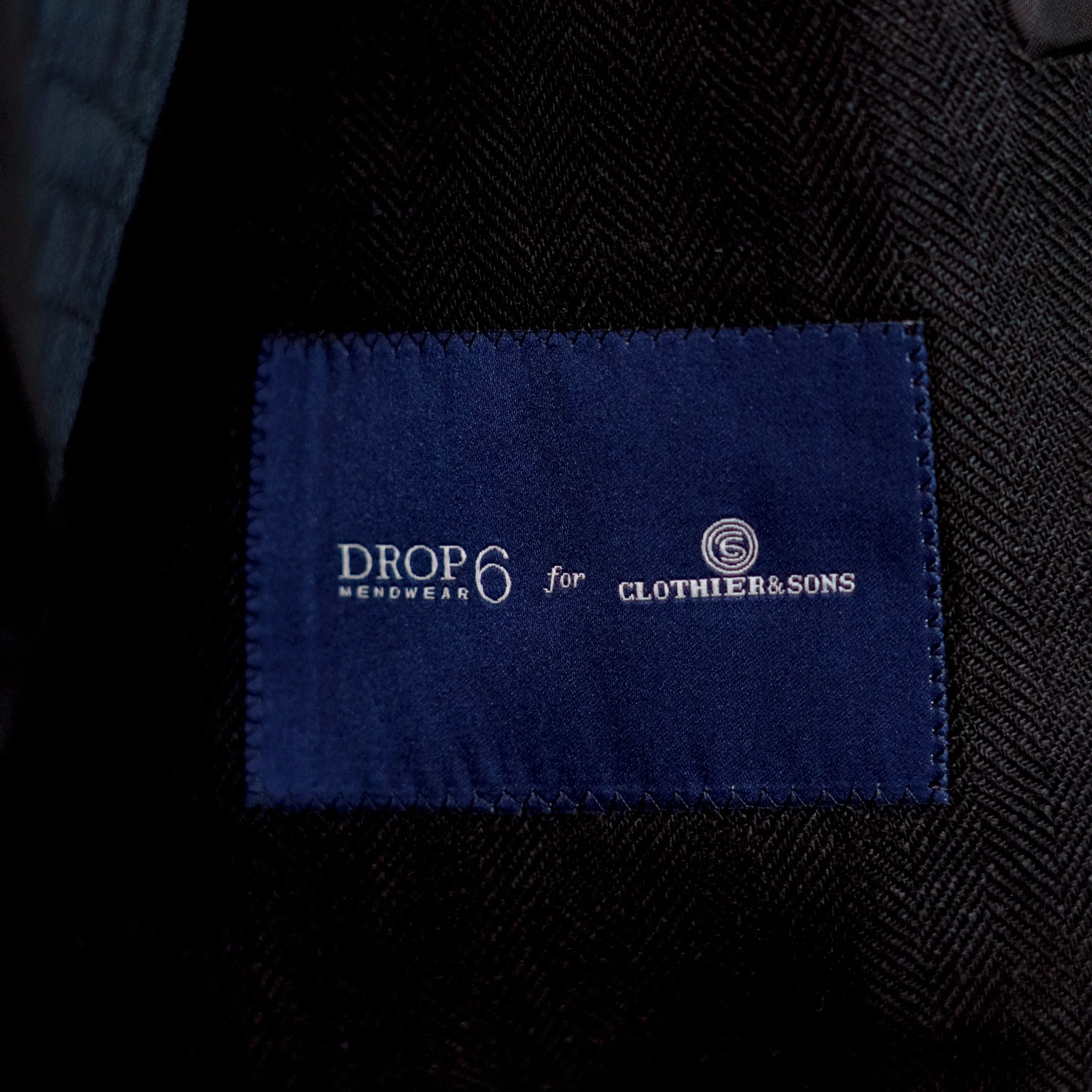 Drop6 Herringbone Linen Double Breasted Suit Black Interior Brand Label Detail