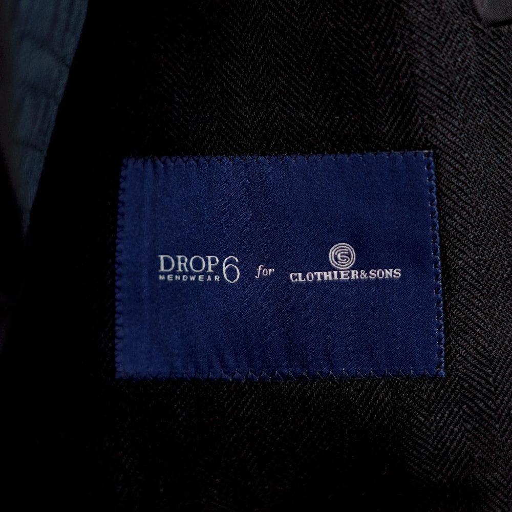 Drop6 Herringbone Linen Double Breasted Suit Black Interior Brand Label Detail