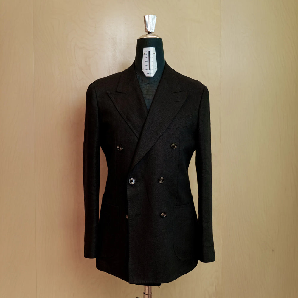Drop6 Herringbone Linen Double Breasted Suit Black Jacket Front View