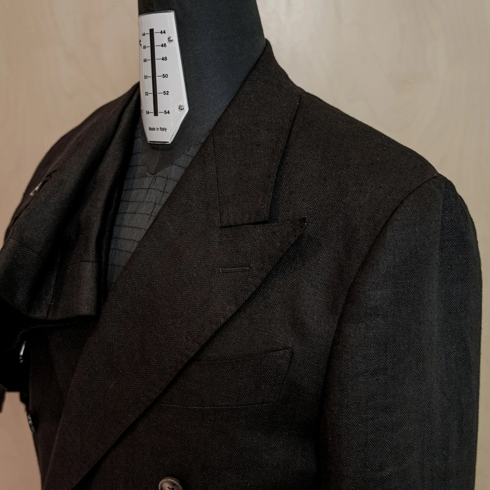 Drop6 Herringbone Linen Double Breasted Suit Black Peak Lapel Detail