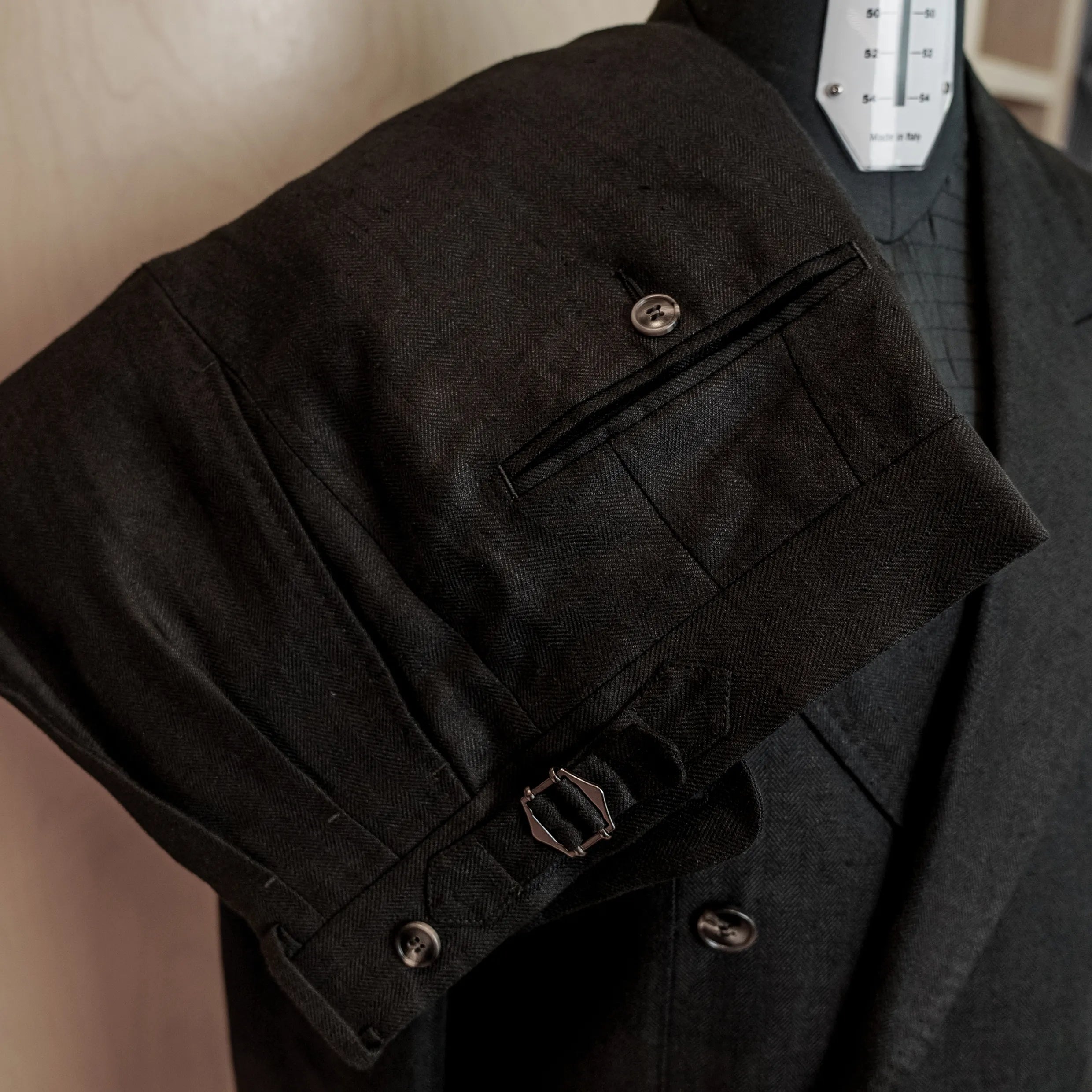 Drop6 Herringbone Linen Double Breasted Suit Black Trouser Detail