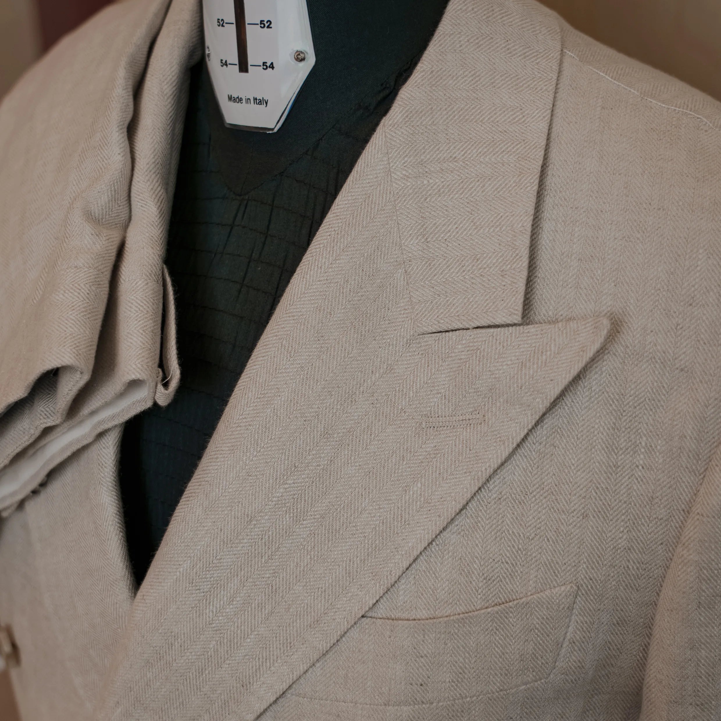 Drop6 Herringbone Linen Double Breasted Suit Ivory Peak Lapel Detail