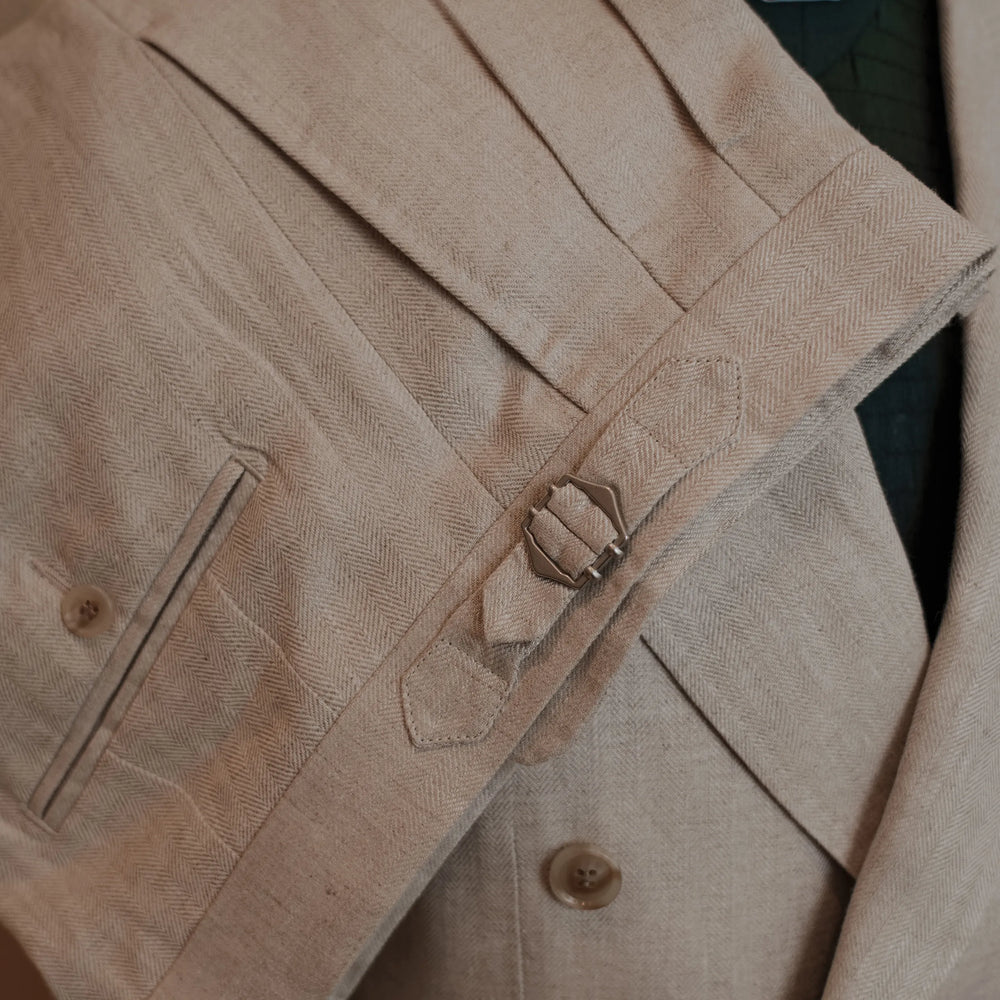 Drop6 Herringbone Linen Double Breasted Suit Ivory Trouser Detail