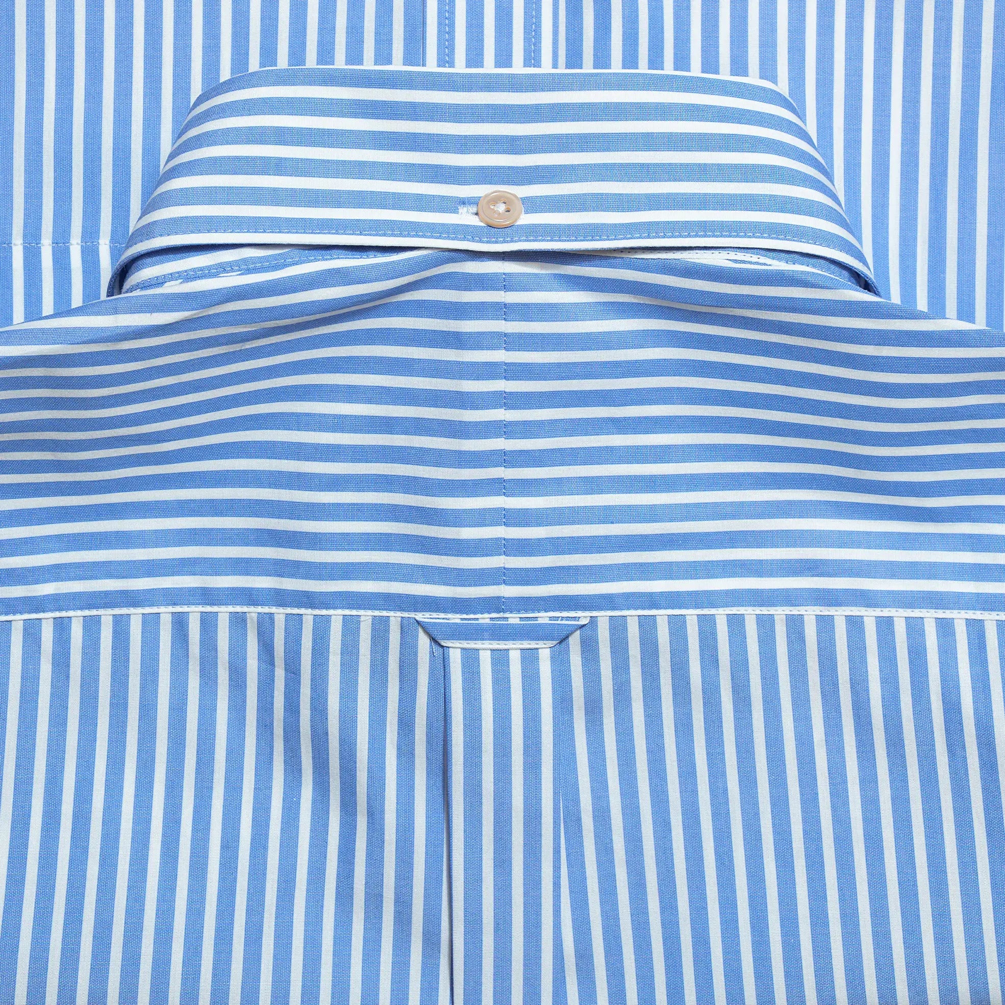 Back detail of the Drop6 New Bengal Stripe Button Down Shirt Blue showing yoke construction and center back seam finishing for Clothier & Sons.