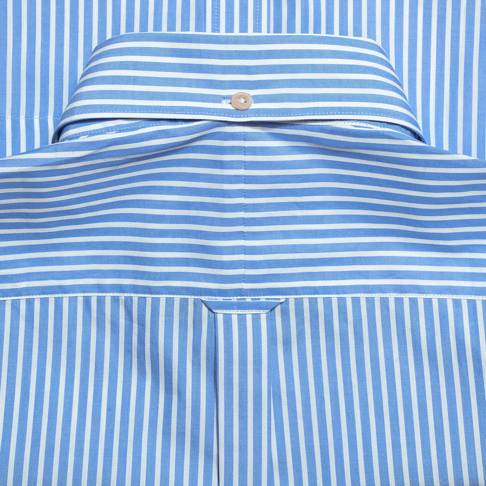 Back detail of the Drop6 New Bengal Stripe Button Down Shirt Blue showing yoke construction and center back seam finishing for Clothier & Sons.
