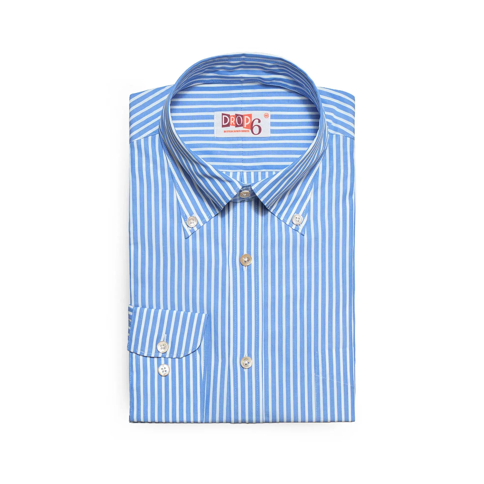 Folded front view of the Drop6 New Bengal Stripe Button Down Shirt Blue showing button-down collar, front placket, and classic bengal stripe pattern for Clothier & Sons.