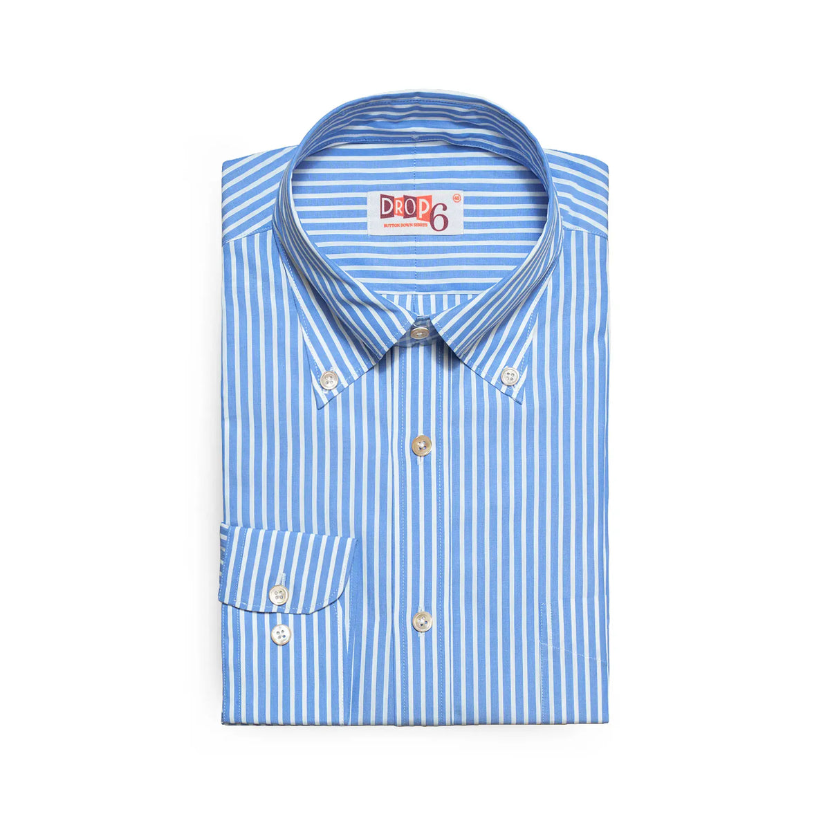 Folded front view of the Drop6 New Bengal Stripe Button Down Shirt Blue showing button-down collar, front placket, and classic bengal stripe pattern for Clothier & Sons.