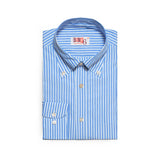 Folded front view of the Drop6 New Bengal Stripe Button Down Shirt Blue showing button-down collar, front placket, and classic bengal stripe pattern for Clothier & Sons.