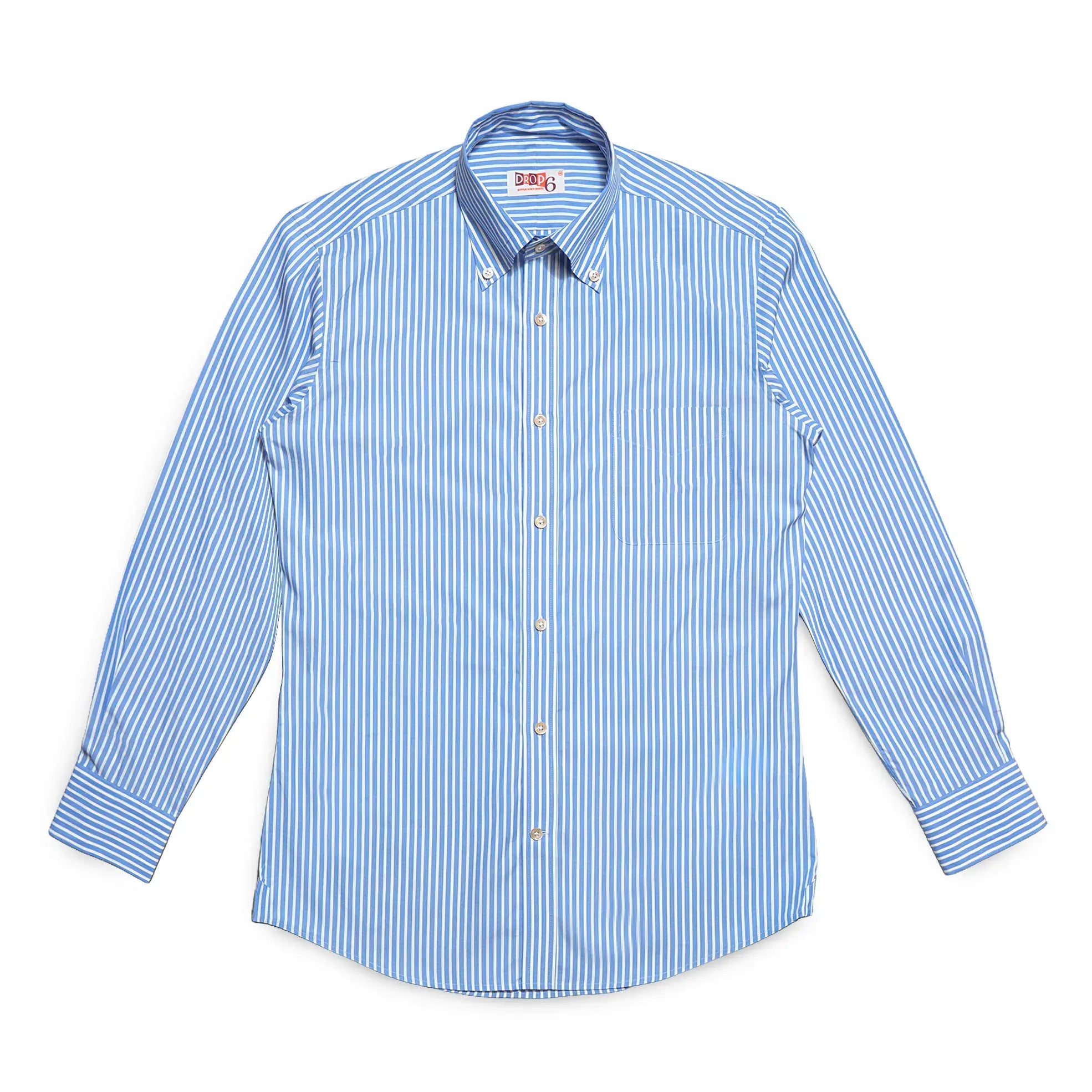 Full front view of the Drop6 New Bengal Stripe Button Down Shirt Blue showing traditional OCBD silhouette and balanced stripe proportions for Clothier & Sons.