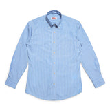 Full front view of the Drop6 New Bengal Stripe Button Down Shirt Blue showing traditional OCBD silhouette and balanced stripe proportions for Clothier & Sons.