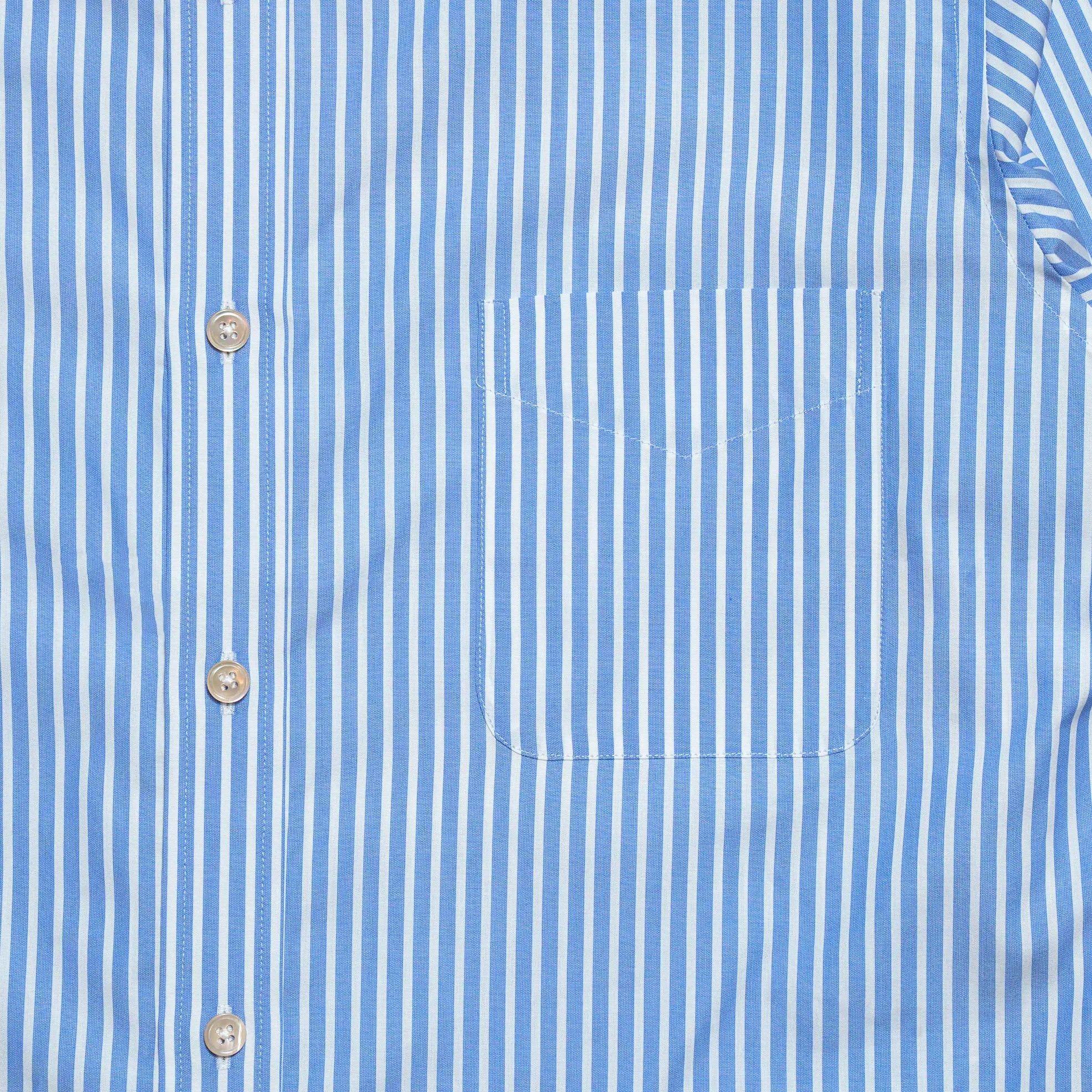 Full front view of the Drop6 New Bengal Stripe Button Down Shirt Blue showing traditional OCBD silhouette and balanced stripe proportions for Clothier & Sons.