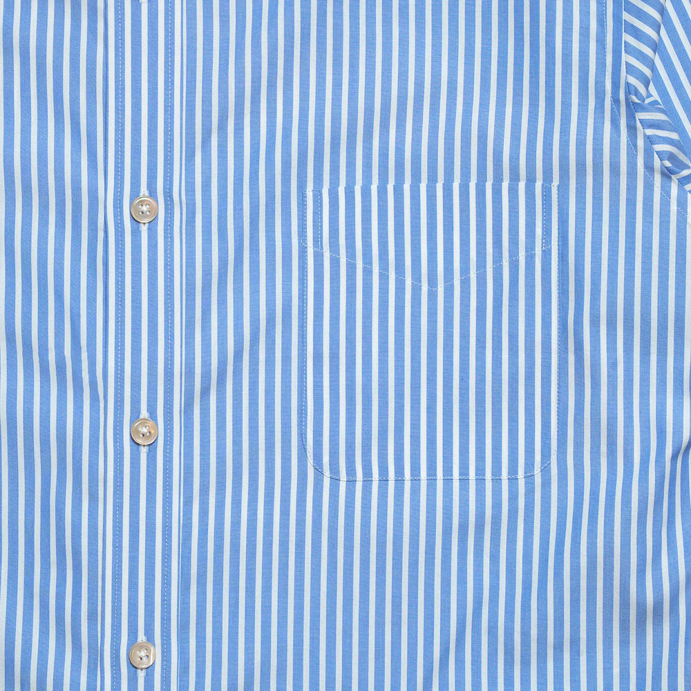 Full front view of the Drop6 New Bengal Stripe Button Down Shirt Blue showing traditional OCBD silhouette and balanced stripe proportions for Clothier & Sons.