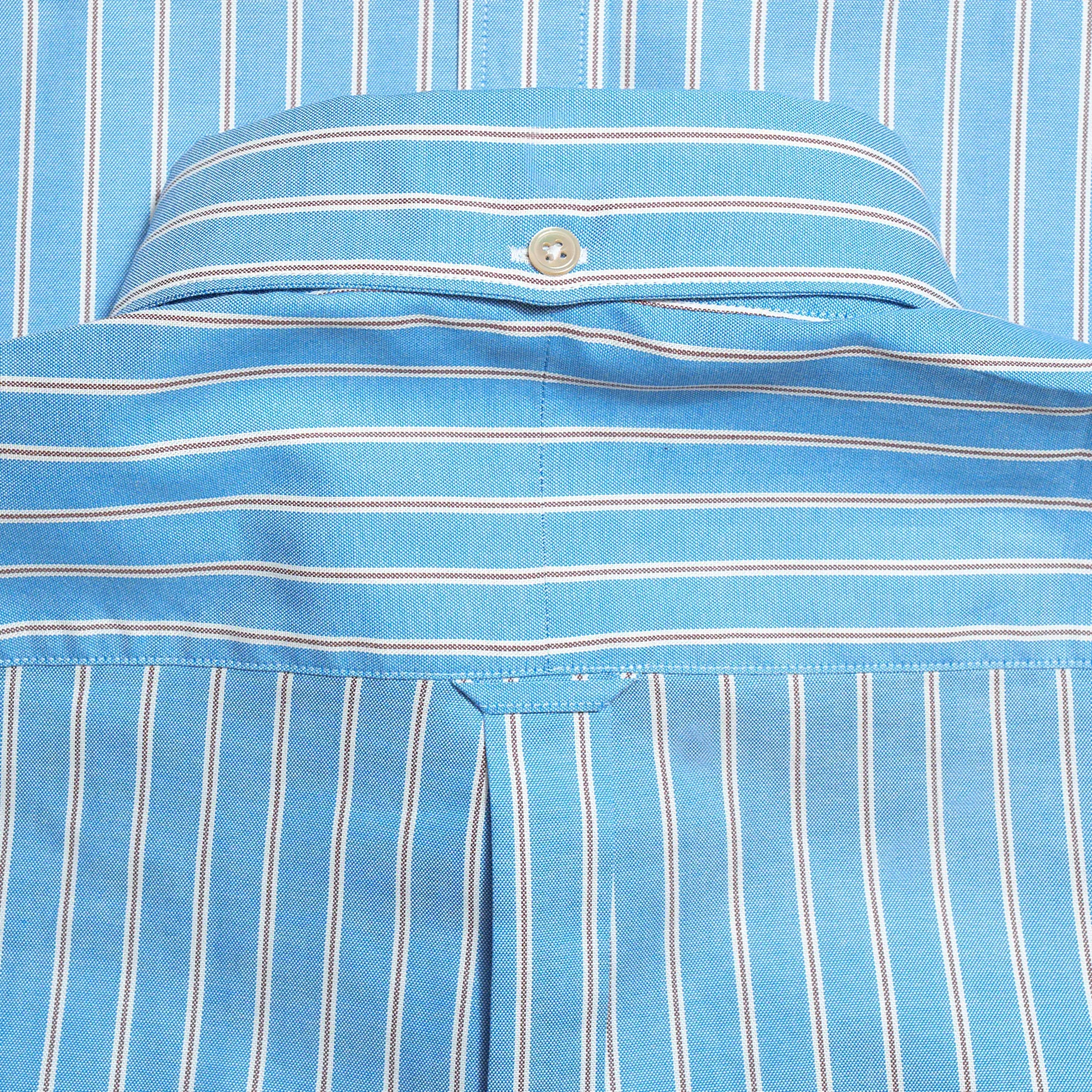 Back detail of the Drop6 New Bold Stripe Button Down Shirt Blue showing yoke construction and center back seam finishing for Clothier & Sons.