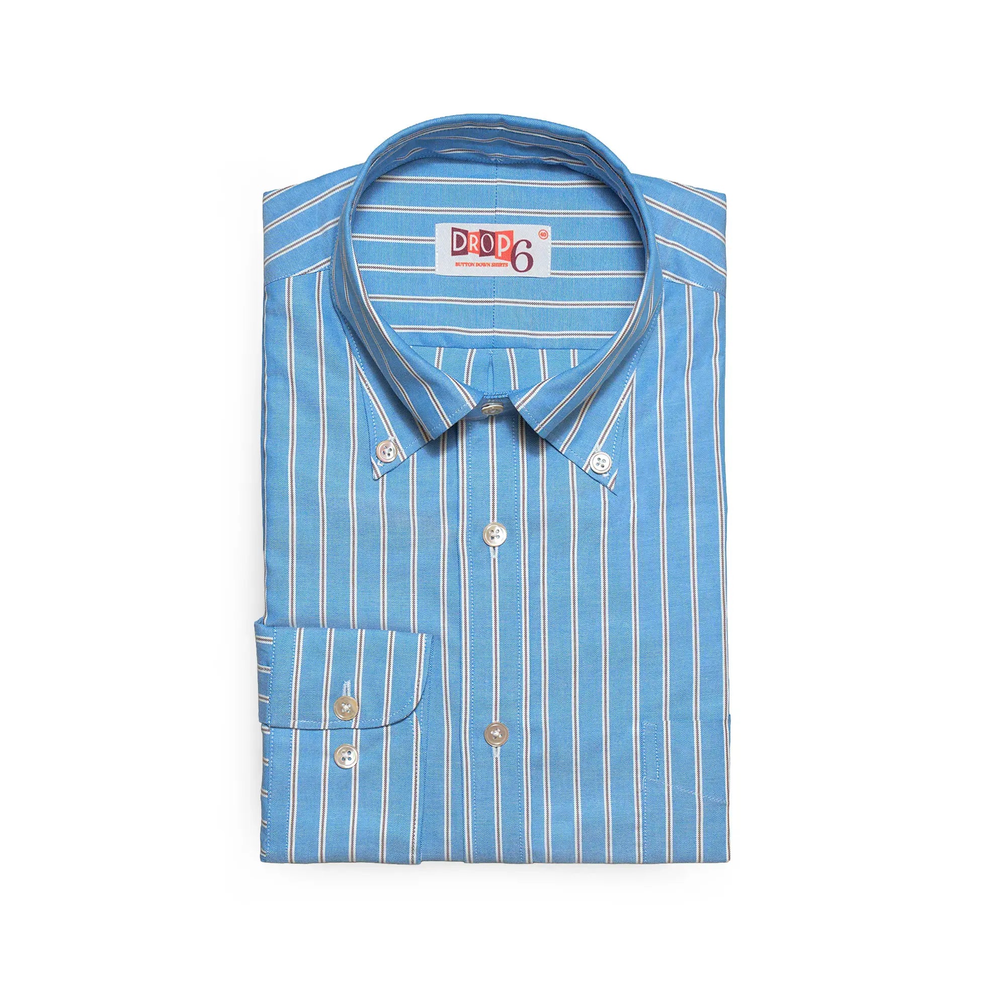 Front view of the Drop6 New Bold Stripe Button Down Shirt Blue showing the bold stripe pattern, classic button-down collar, and balanced OCBD silhouette for Clothier & Sons.