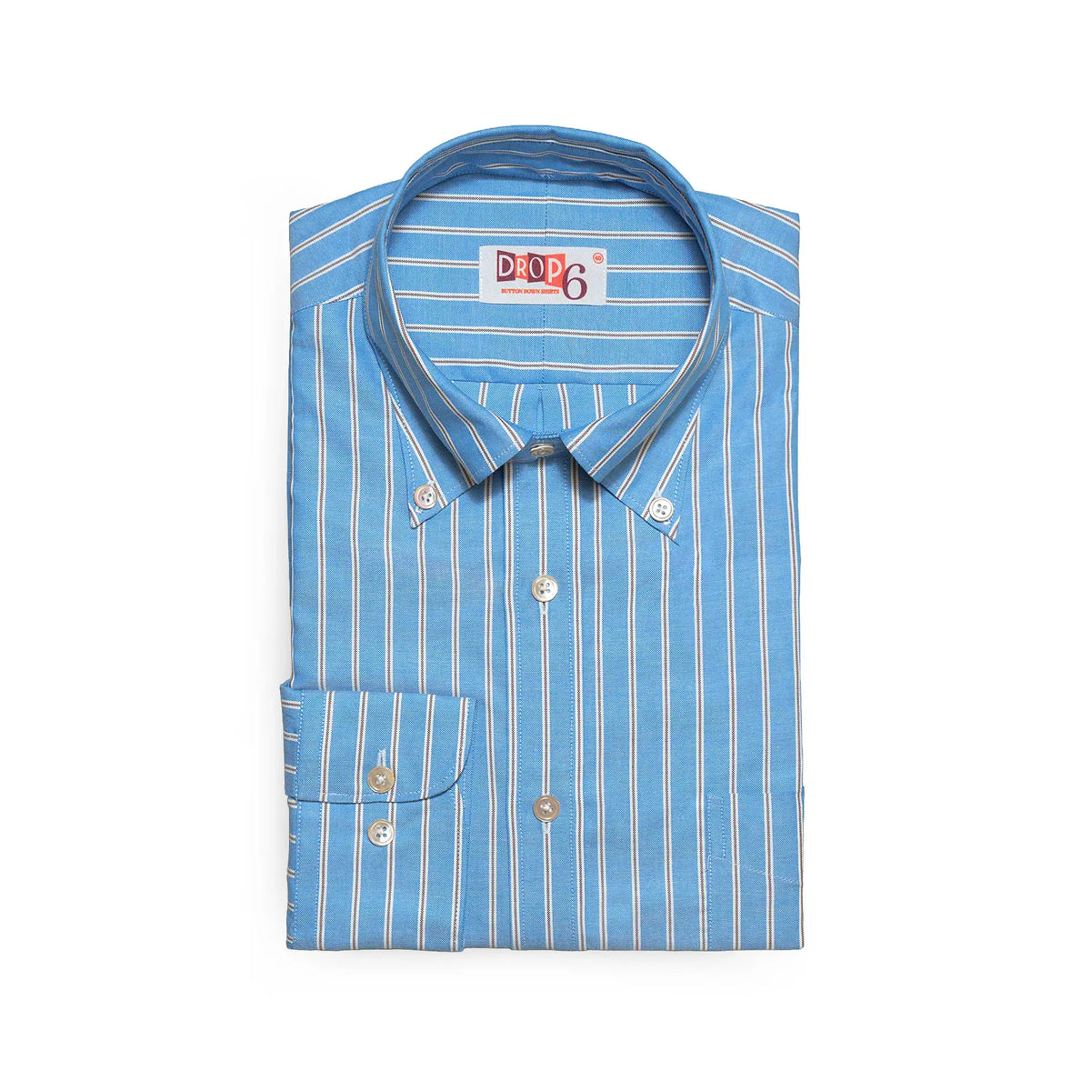 Front view of the Drop6 New Bold Stripe Button Down Shirt Blue showing the bold stripe pattern, classic button-down collar, and balanced OCBD silhouette for Clothier & Sons.