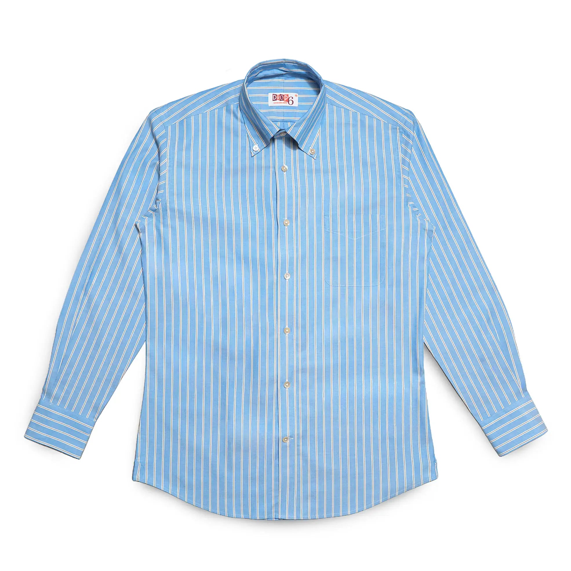 Full front view of the Drop6 New Bold Stripe Button Down Shirt Blue showing classic OCBD silhouette and balanced stripe proportions for Clothier & Sons.