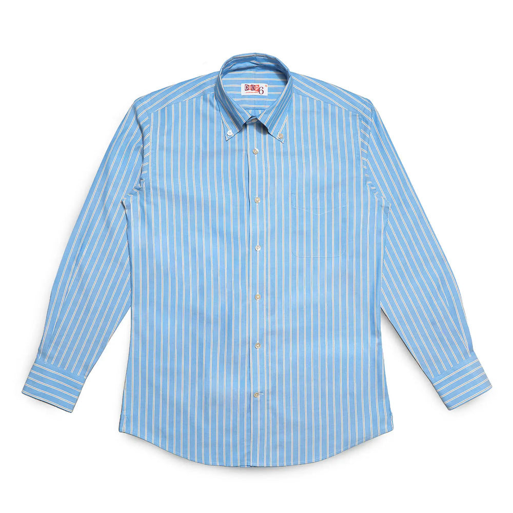 Full front view of the Drop6 New Bold Stripe Button Down Shirt Blue showing classic OCBD silhouette and balanced stripe proportions for Clothier & Sons.