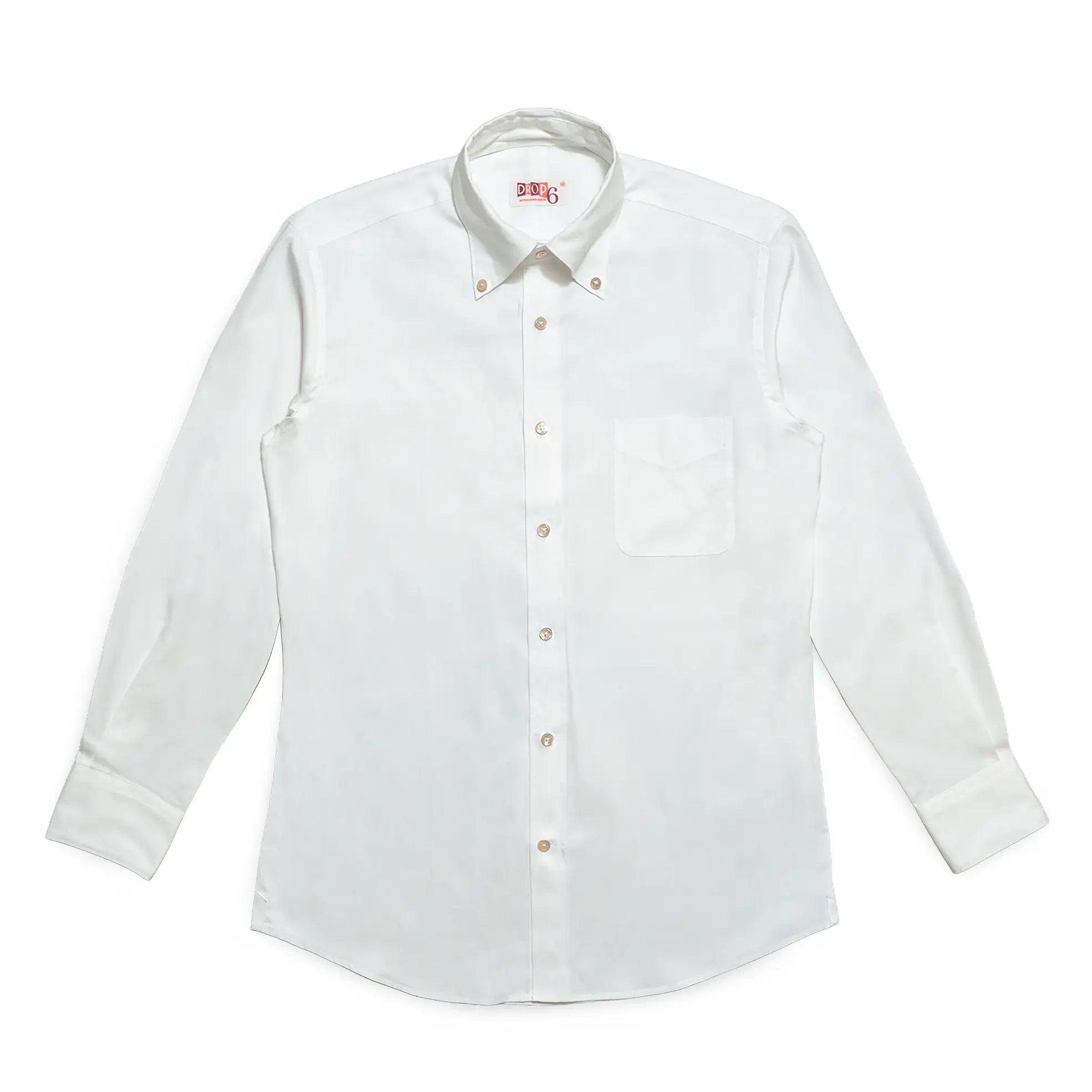 Full front view of the Drop6 New Plain Oxford Button Down Shirt White showing classic OCBD silhouette and balanced proportions for Clothier & Sons.