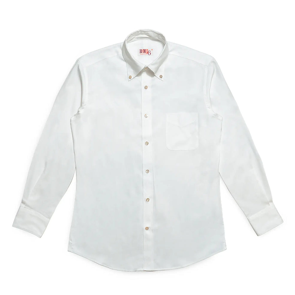 Full front view of the Drop6 New Plain Oxford Button Down Shirt White showing classic OCBD silhouette and balanced proportions for Clothier & Sons.