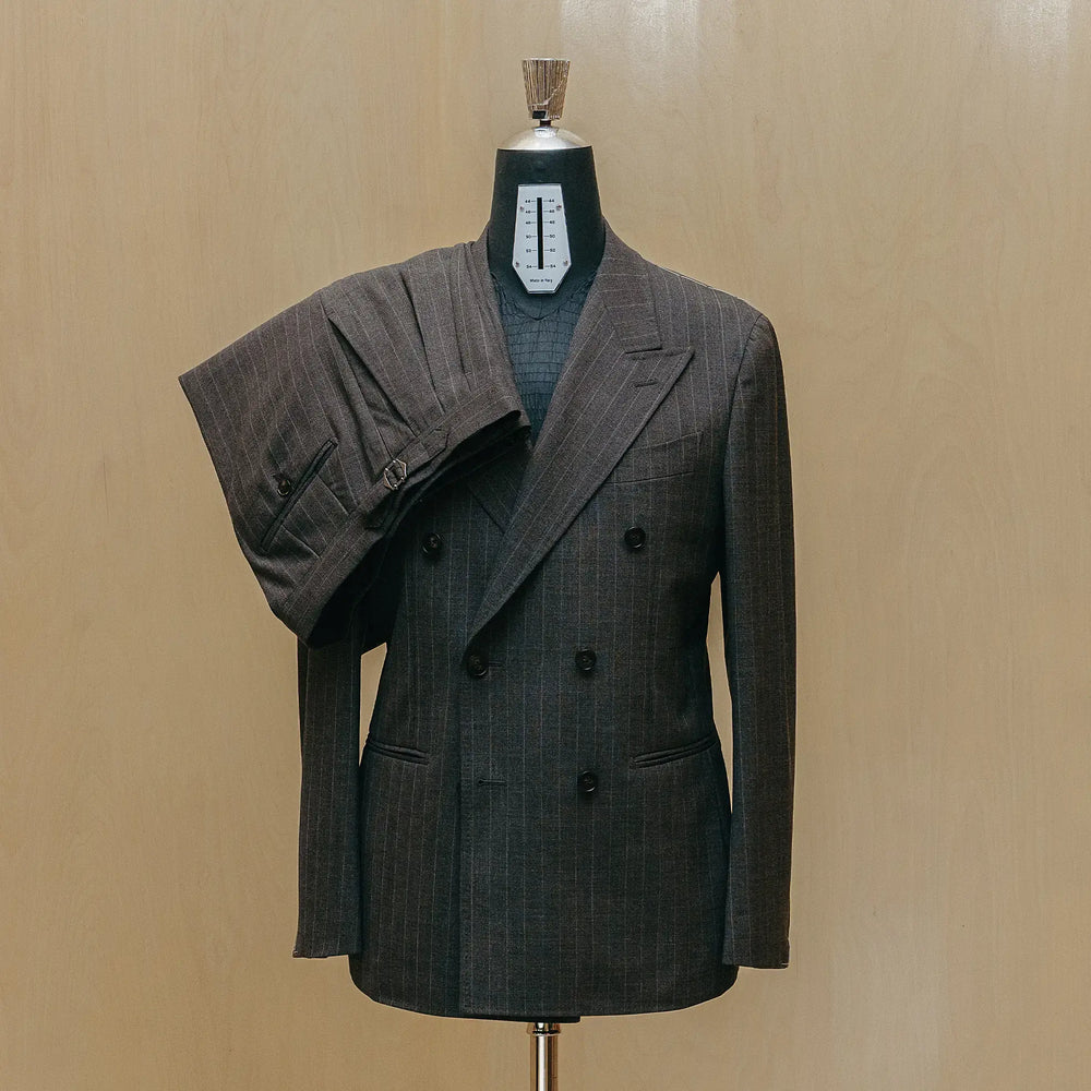 Front view of the Drop6 Wool Chalk Stripe Double Breasted Suit Charcoal Grey showing the double breasted silhouette, chalk stripe pattern, and refined tailoring for Clothier & Sons.