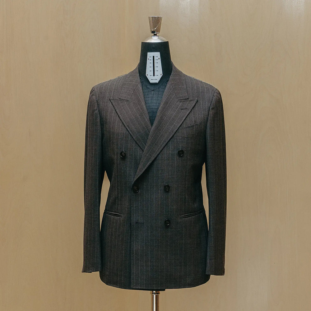 Full body view of the Drop6 Wool Chalk Stripe Double Breasted Suit Charcoal Grey highlighting overall proportions, peak lapels, and classic double breasted construction for Clothier & Sons.