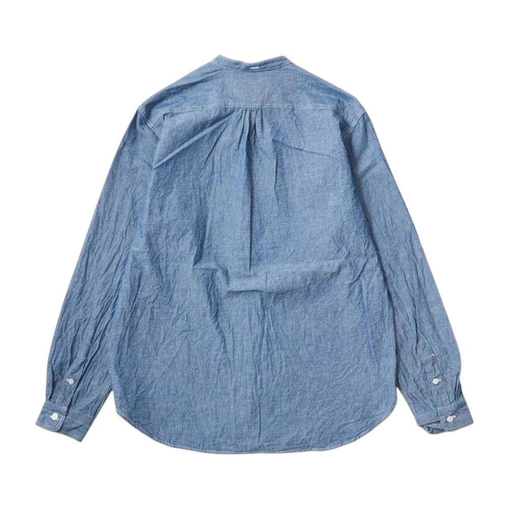 Empire & Sons L/S Classic Band Collar Shirt 5oz Vintage Chambray Blue Natural Stitch Back View