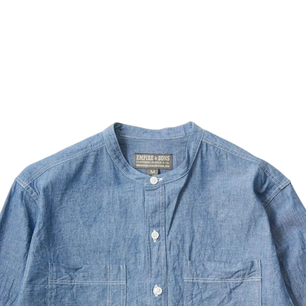 Empire & Sons L/S Classic Band Collar Shirt 5oz Vintage Chambray Blue Natural Stitch Collar Detail