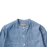 Empire & Sons L/S Classic Band Collar Shirt 5oz Vintage Chambray Blue Natural Stitch Collar Detail