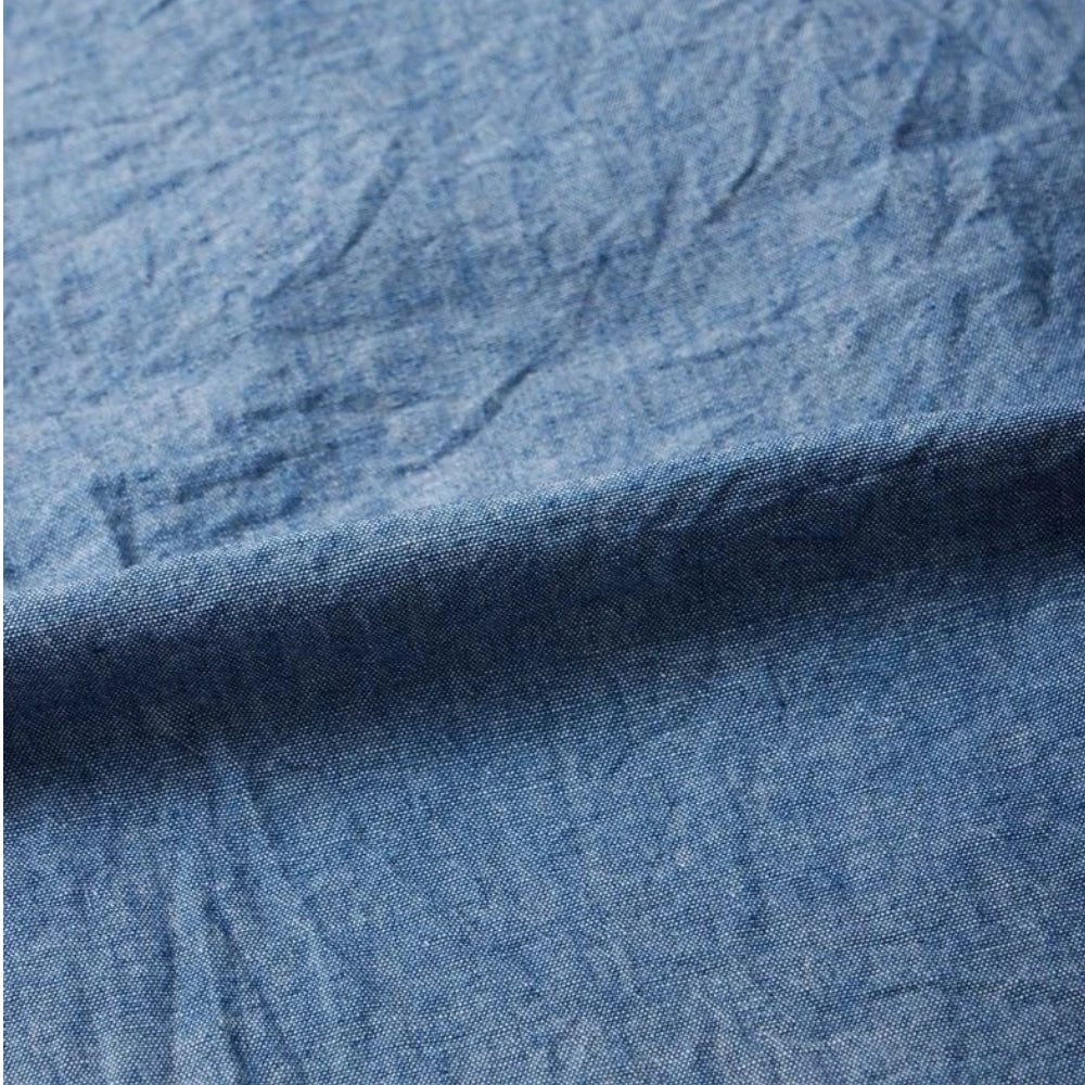 Empire & Sons L/S Classic Band Collar Shirt 5oz Vintage Chambray Blue Natural Stitch Fabric Detail
