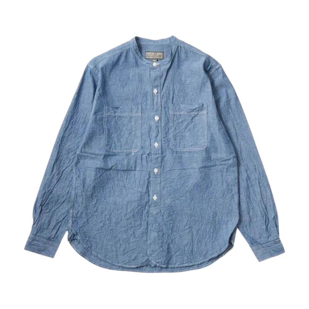 Empire & Sons L/S Classic Band Collar Shirt 5oz Vintage Chambray Blue Natural Stitch Front View
