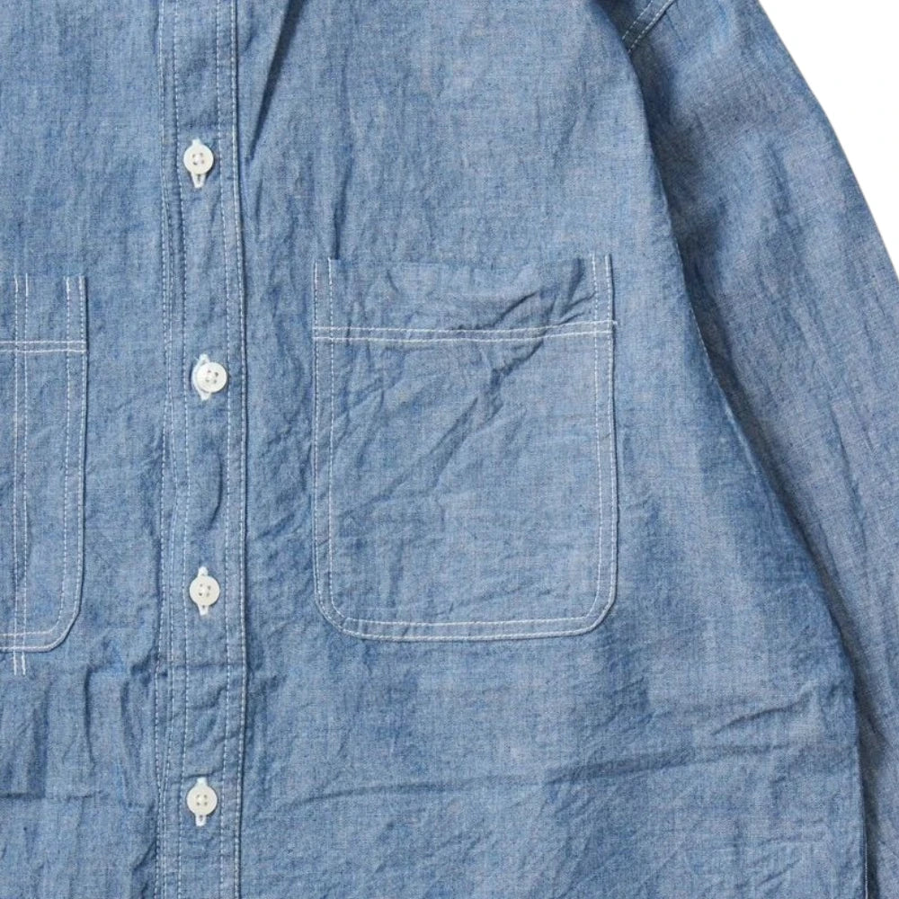 Empire & Sons L/S Classic Band Collar Shirt 5oz Vintage Chambray Blue Natural Stitch Pocket Detail