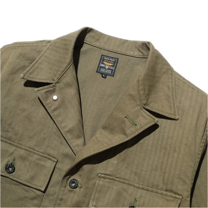 Jelado CM43 HBT Field Jacket Olive Collar Detail